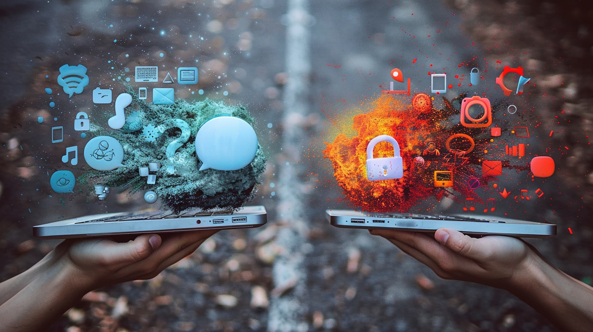 Dois portáteis frente a frente: presença digital versus marketing digital